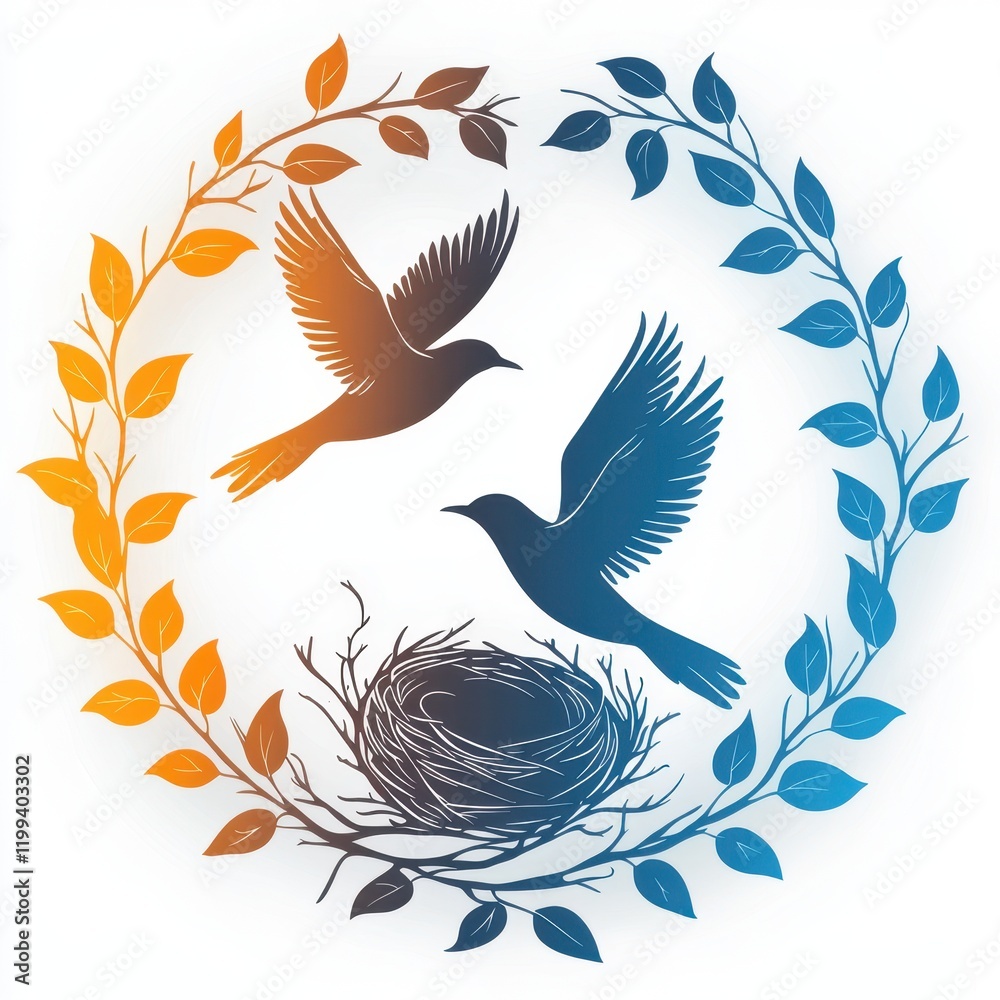 Obraz premium Two Birds in Flight Nest and Wreath Nature Illustration Avian Art