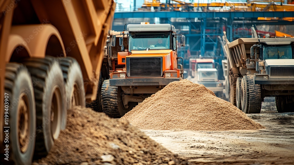 Fototapeta premium Orange Dump Truck Unloading Sand at Construction Site