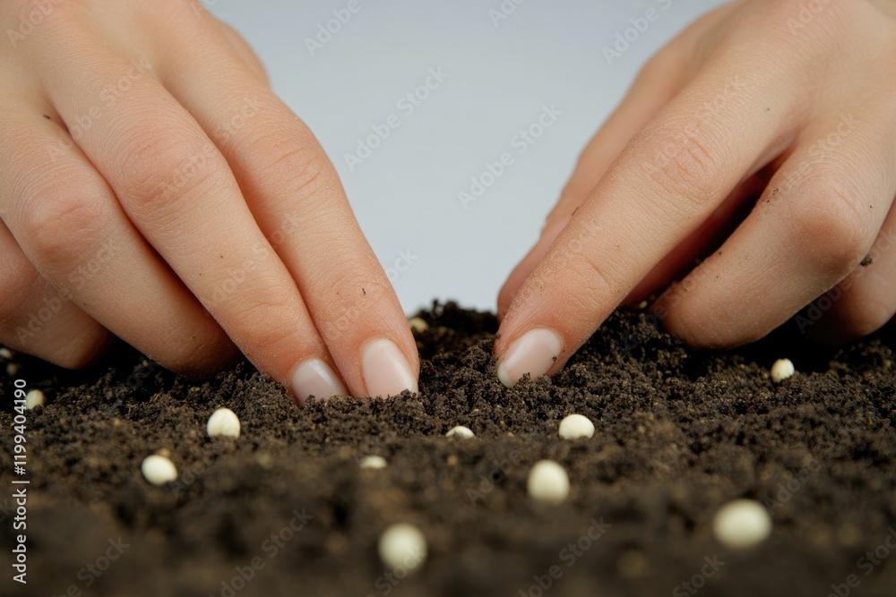 Hands gently placing seeds into rich, dark soil, symbolizing gro Hands gently placing seeds into rich, dark soil, symbolizing gro