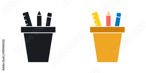 Pencil holder icon in black and color style