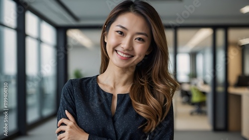 photo of a beautiful Asian woman smiling happily posing in the office Free Download photo of a beautiful Asian woman smiling happily posing in the office - GFXLoad