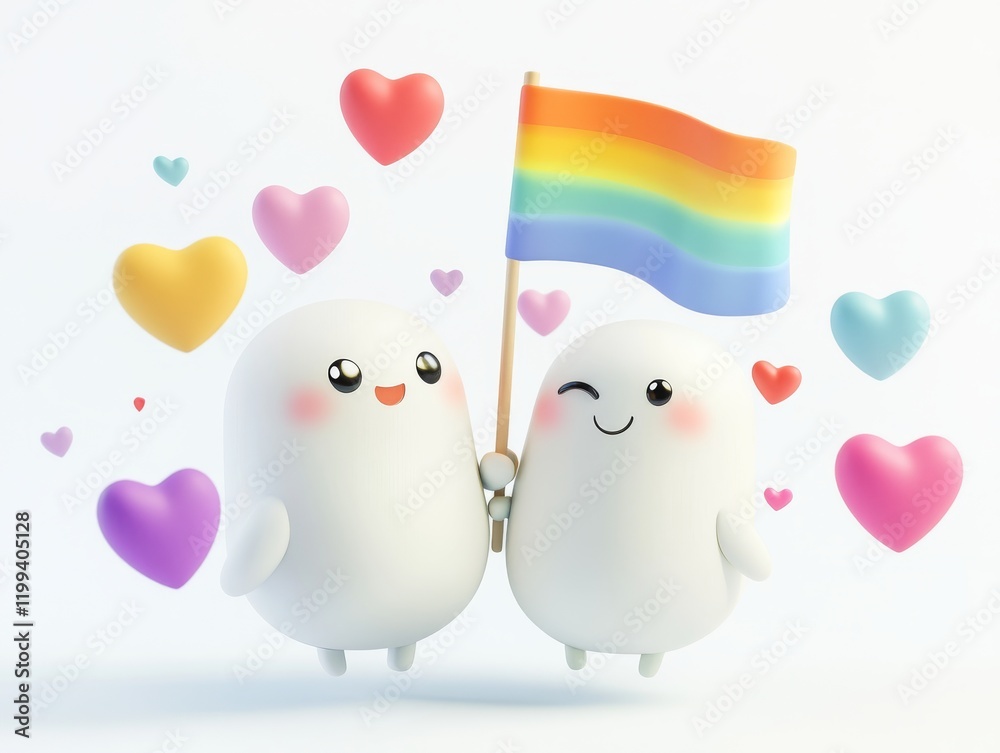 Obraz premium Cute characters waving rainbow pride flag 