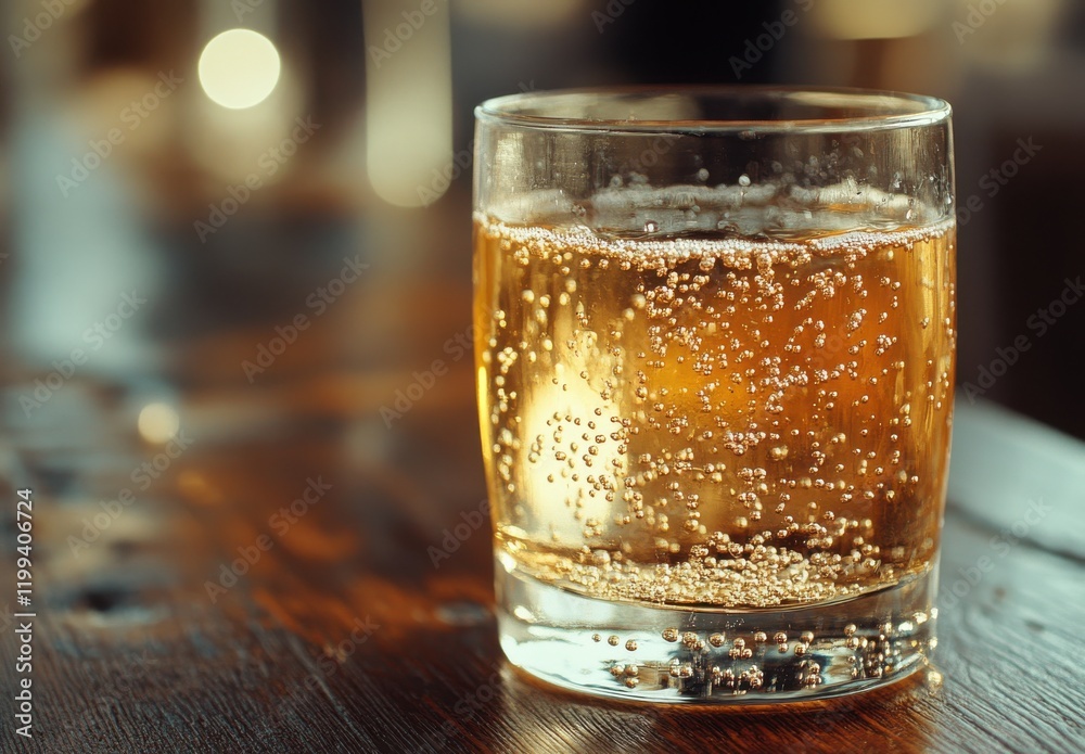 Refreshing Bubbly Beverage in a Clear Glass on a Wooden Table, Sparkling Drink with Effervescent Bubbles and Golden Color, Perfect for Relaxing Moments