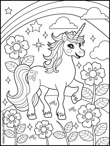 Illustration of a cute unicorn cartoon character. Black and white Printable Unicorn coloring page for kids.