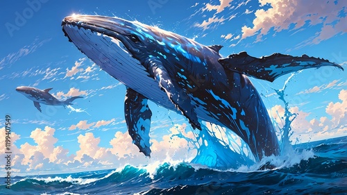 Humpback Whales Breaching in Open Ocean: A Magnificent Display of Marine Life Under a Vibrant Sky photo