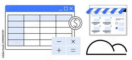 Spreadsheet, calculator with arithmetic symbols, e-commerce storefront, and cloud icon. Ideal for budgeting, financial planning, online shopping, data storage accounting small businesses. Modern