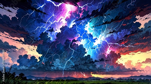 Explosive Lightning Storm: A Vivid and Dramatic Sky Illuminated by Striking Bolts and Colorful Clouds photo