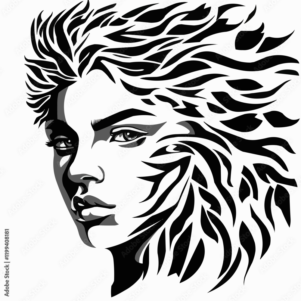 Abstract Monochrome Female Portrait with Floral Hair. Vector Image Abstract Monochrome Female Portrait with Floral Hair. Vector Image