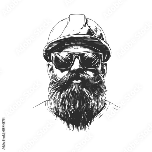 Bearded Man in Hard Hat and Sunglasses Vector Illustration. Vector Image