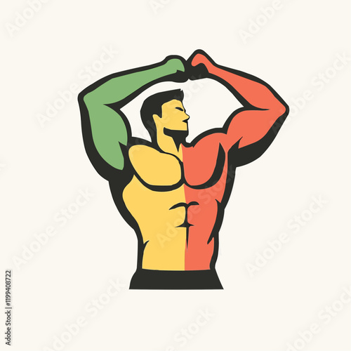 Bicolor Muscular Male Figure Fitness Strength Logo. Vector Image
