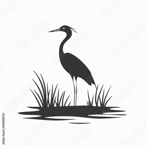 Bird Silhouette in Wetland Vegetation. Vector Image