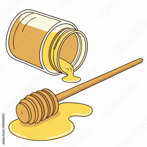 spilled jar of honey with a wooden dipper