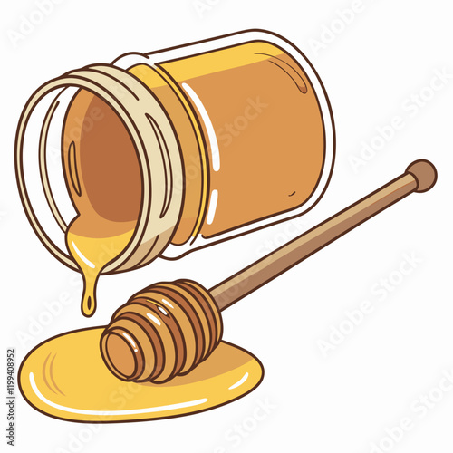 spilled jar of honey with a wooden dipper