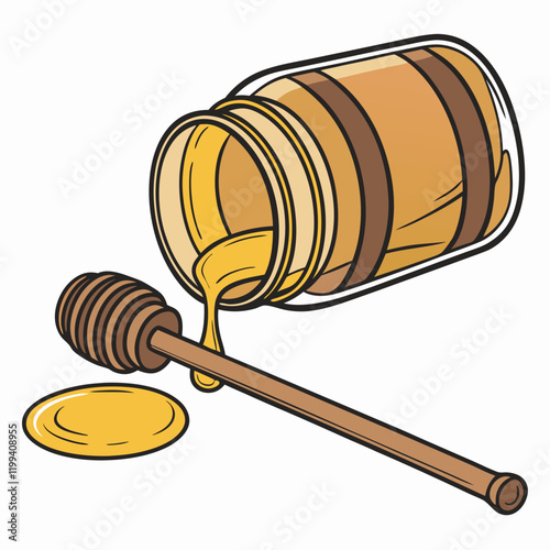 spilled jar of honey with a wooden dipper