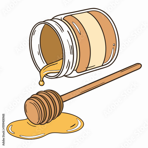 spilled jar of honey with a wooden dipper