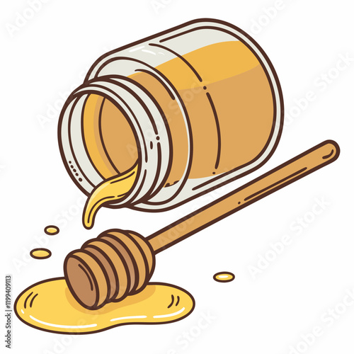 spilled jar of honey with a wooden dipper