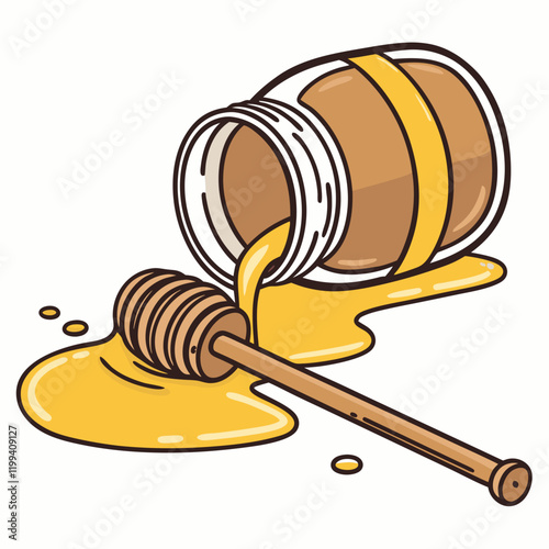 spilled jar of honey with a wooden dipper
