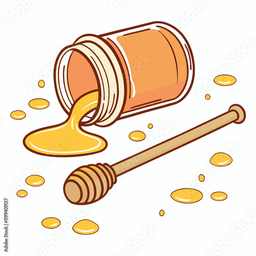 spilled jar of honey with a wooden dipper
