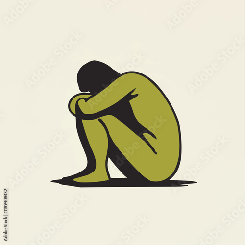 Figure Huddled in Sorrowful Posture. Vector Image