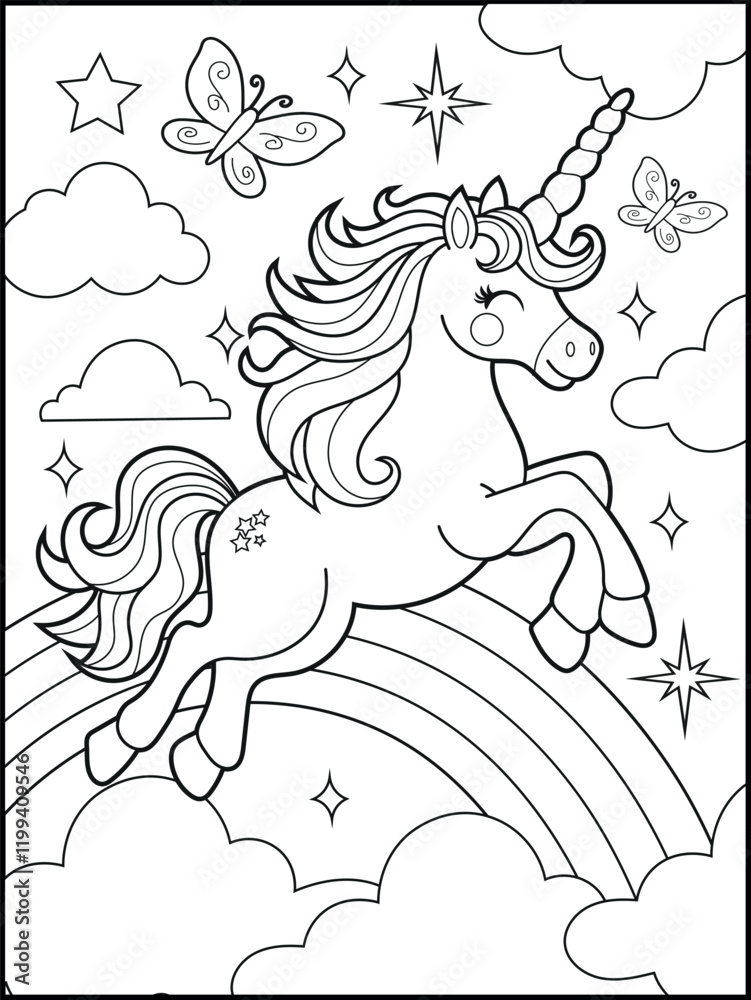 Fototapeta premium Illustration of a cute unicorn cartoon character. Black and white Printable Unicorn coloring page for kids.