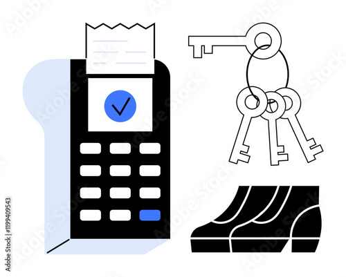 Checkout payment terminal with receipt, key ring with keys, and pair of shoes. Ideal for themes thumbs up shopping, security, fashion, modern living, retail, payment systems and daily essentials