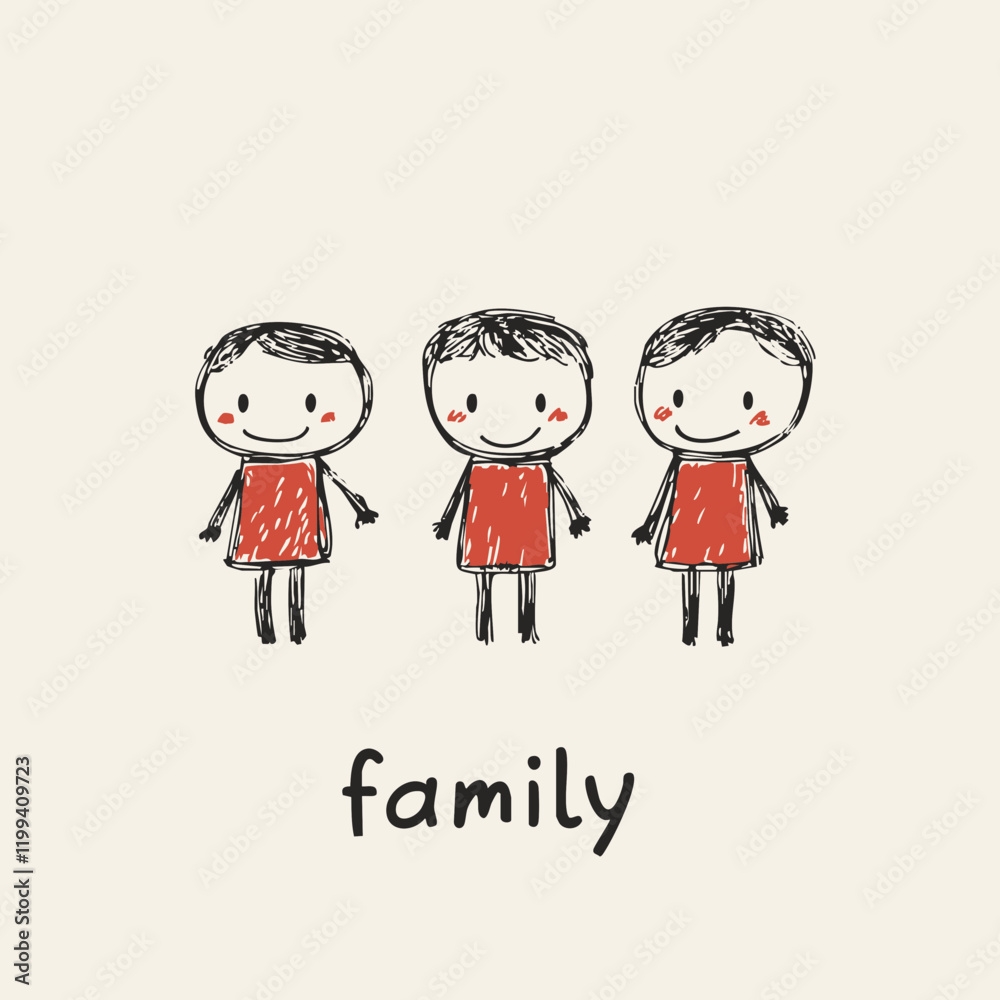 Hand-drawn illustration of a three-person family. Vector Image Hand-drawn illustration of a three-person family. Vector Image