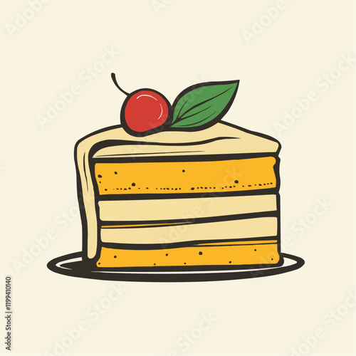 Layered Cake with Cherry Garnish. Vector Image