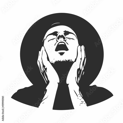 Man in Hat with Hands to Face Open Mouth Vector Art. Vector Image