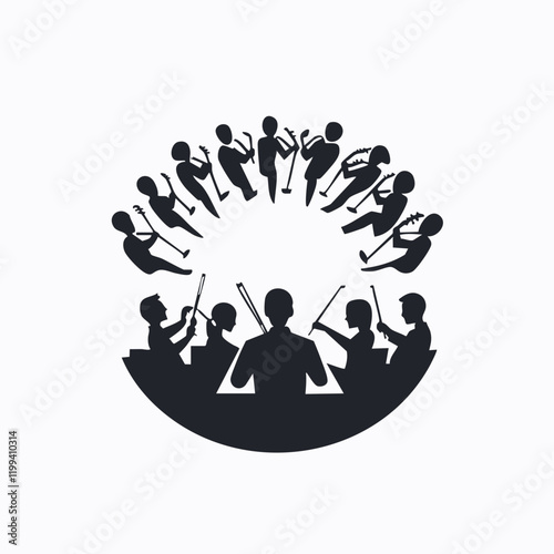 Orchestra Musicians and Conductor Silhouette. Vector Image