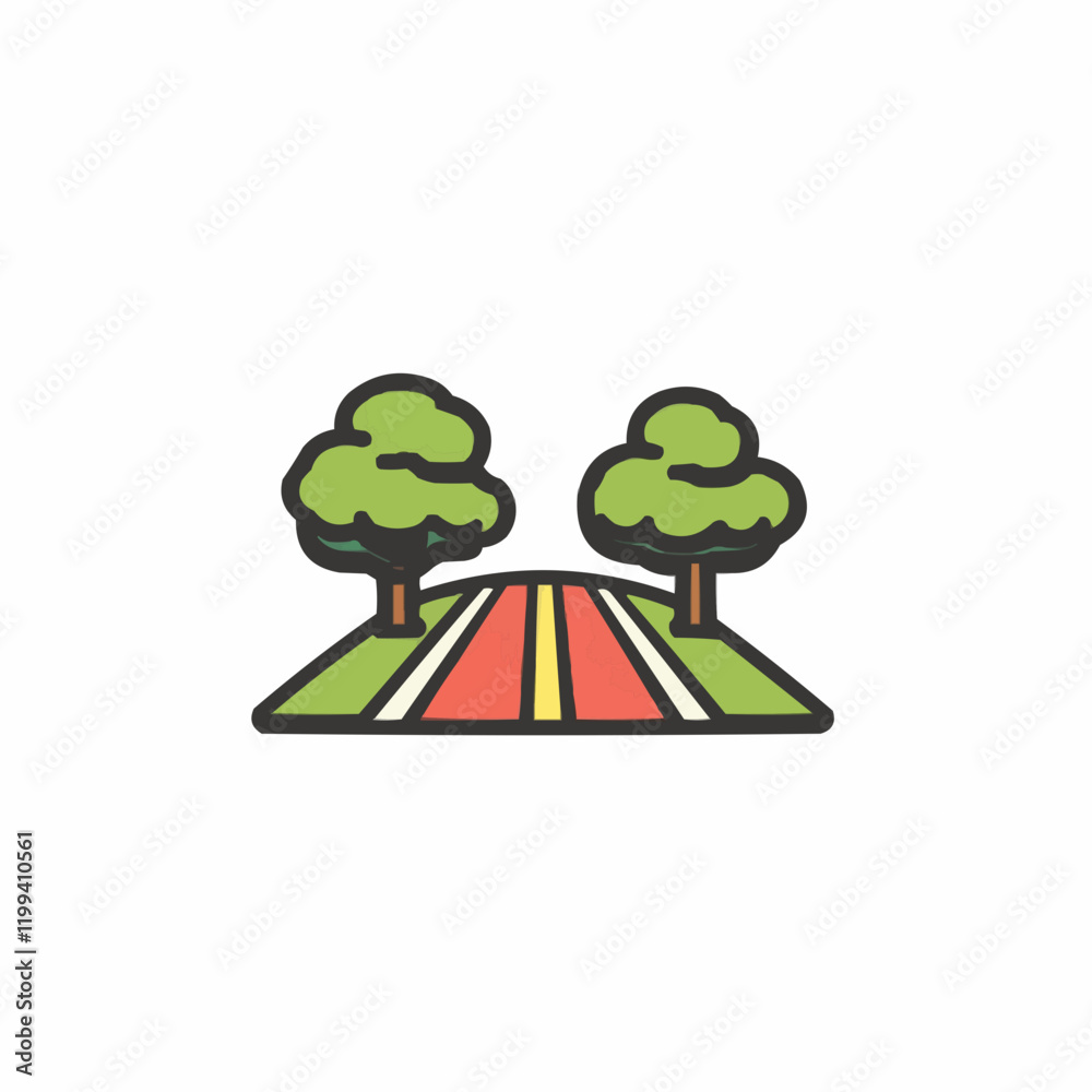 Road Through a Green Landscape with Trees. Vector Image