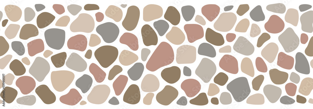 Cobblestone mosaic seamless border, road, stone texture. Vector abstract repeat background, street