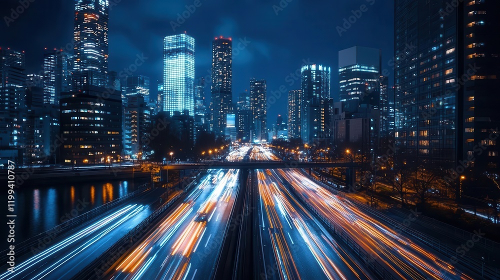 Naklejka premium A vibrant night cityscape showcasing illuminated skyscrapers and light trails from moving vehicles, capturing the bustling energy of urban life.