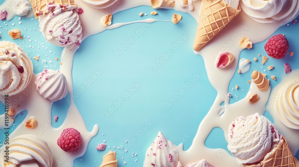 Obraz premium Vibrant Ice Cream Variety on Blue Background Colorful Sweet Treats for Summer Enjoyment Fun