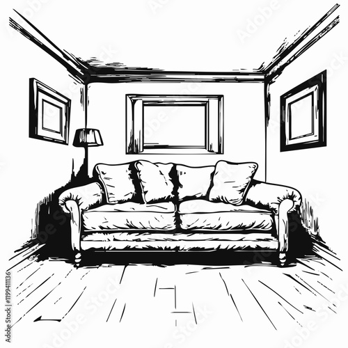 Sketch of a sofa in a living room with floor lamp and framed pictures. Vector Image