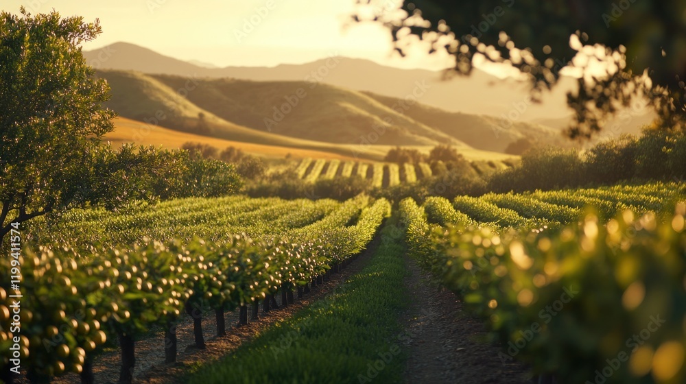 Fototapeta premium Golden Hour Sunlight on Lush Vineyard Rows with Distant Mountain Range