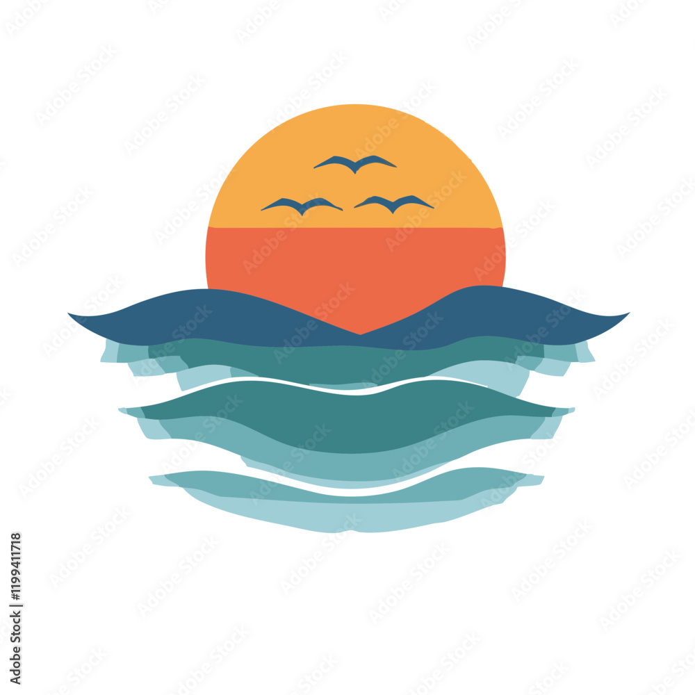 Sunset Over Ocean Waves with Birds. Vector Image Sunset Over Ocean Waves with Birds. Vector Image