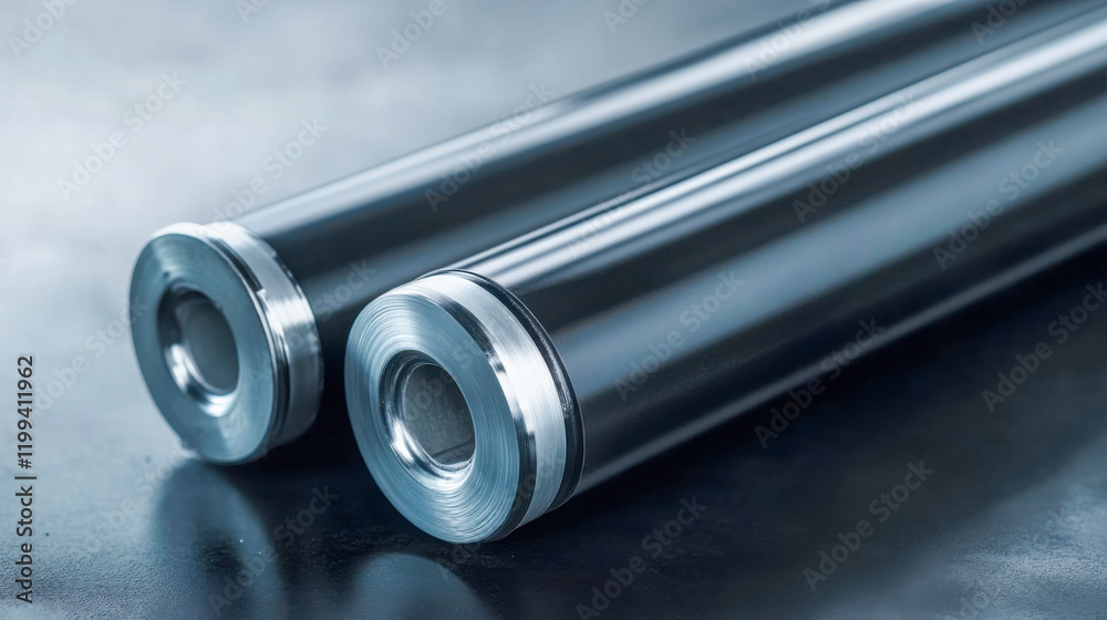 Fototapeta premium Industrial metal cylinders with reflective ends, manufacturing components and precision engineering materials