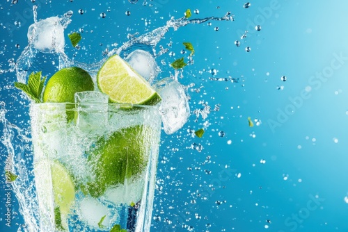 Refreshing mojito with lime and mint splashing in a glass with vibrant background photo