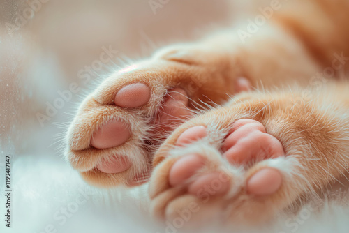 Macro shot of a cat's fluffy paws with pink toe beans, showing texture and warmth, resting on a soft surface.. photo