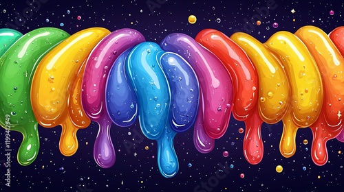 Rainbow colored glossy slime dripping on dark background. photo