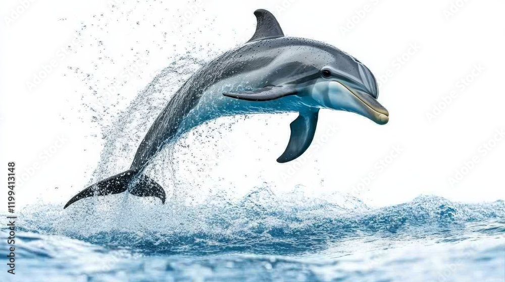 Fototapeta premium A playful dolphin mid-jump, water droplets sparkling, isolated on a clean white background,