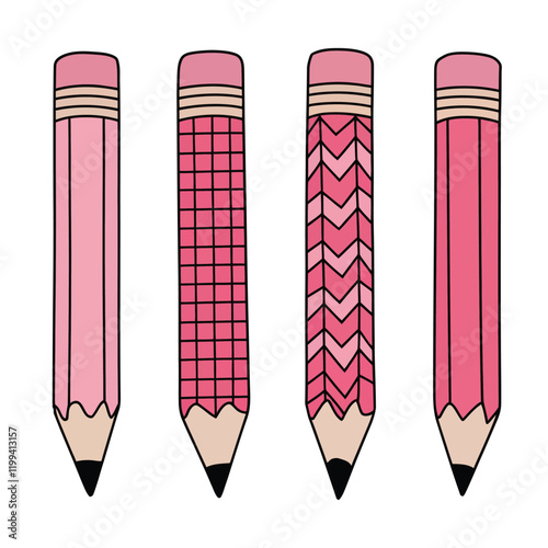 Set of four pink patterned pencils with varied designs, isolated on white background, minimalistic and colorful illustration
