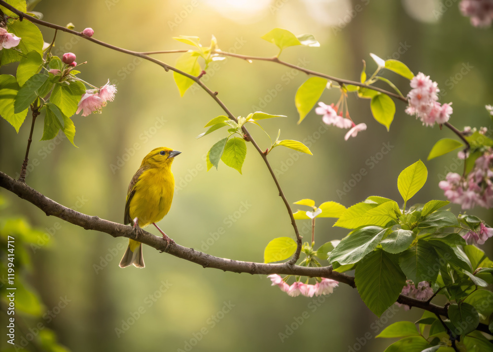 vibrant yellow finch perches on delicate branch adorned with pink blossoms, surrounded by lush green leaves. soft sunlight creates serene atmosphere in background vibrant yellow finch perches on delicate branch adorned with pink blossoms, surrounded by lush green leaves. soft sunlight creates serene atmosphere in background