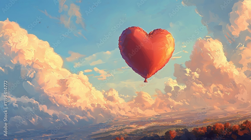 Fototapeta premium Heart Shaped Balloon Soaring Through Dreamlike Cloudscape at Sunset