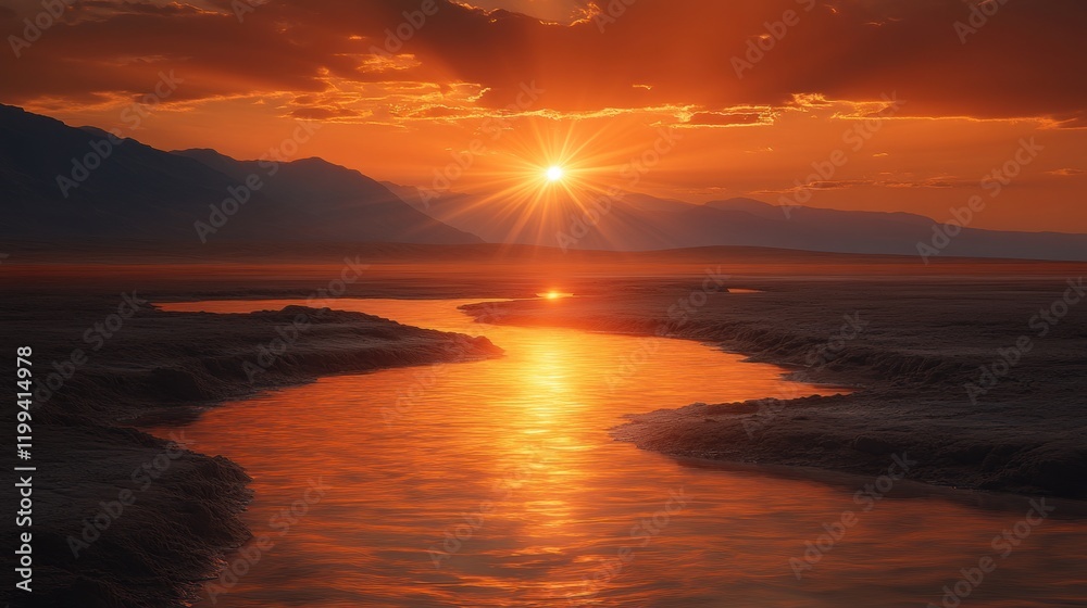 Serene Sunset over Mountains and Reflective Water Stream at Dusk Serene Sunset over Mountains and Reflective Water Stream at Dusk