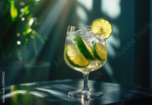 Refreshing Citrus Cocktail in a Clear Glass with Ice, Lime Slices, and Sunlight Shining Through, Ideal for Summer Drink Promotions and Recipe Inspiration photo