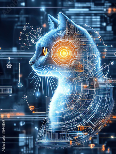 Cat portrait meets geometric art abstract and majestic in design. Futuristic Cat with Digital Elements and Technology Background