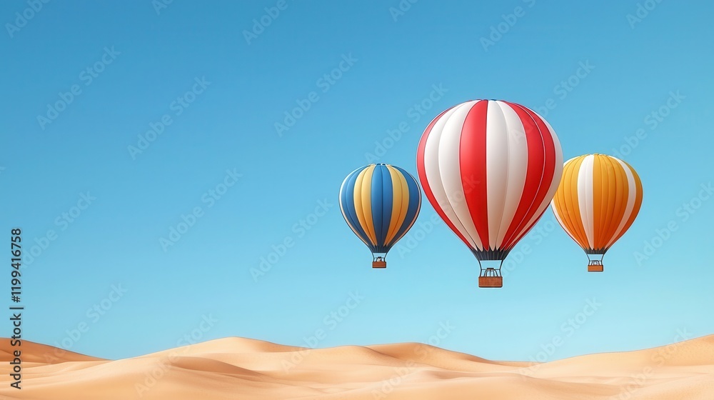 Fototapeta premium Air balloon travel: Exploring nature's panoramic views Three hot air balloons soaring over a desert landscape.