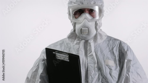A scientist in PPE backing away with documents in hand, on a white background
