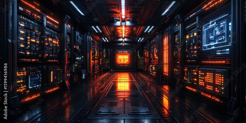 Obraz premium Futuristic Spaceship Corridor: Neon Lights and Advanced Technology